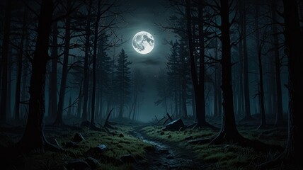 landscape illustration of a middle of the forest amosphere in the night view full moon with mist and trees