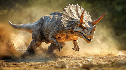 A dynamic shot of a triceratops-like dinosaur in motion, running across a rocky terrain, dust trailing behind