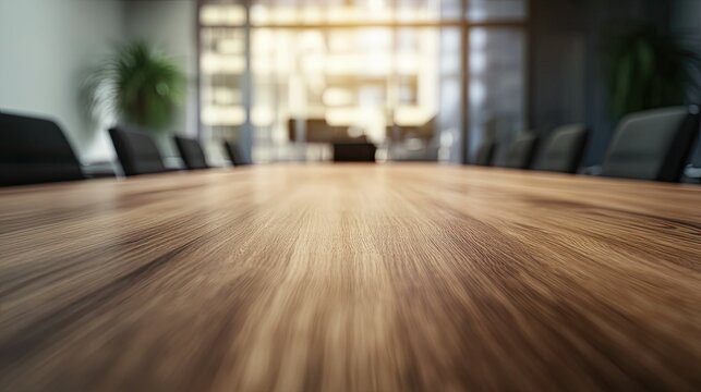 Close-up of a wooden board table with a blurred office room in the background, evoking a professional yet welcoming work environment.