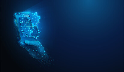 Abstract illustration of smartphone in hand solving puzzle in low poly style. Blue geometric background depicting problem solving and business teamwork concept by wireframe connection structure