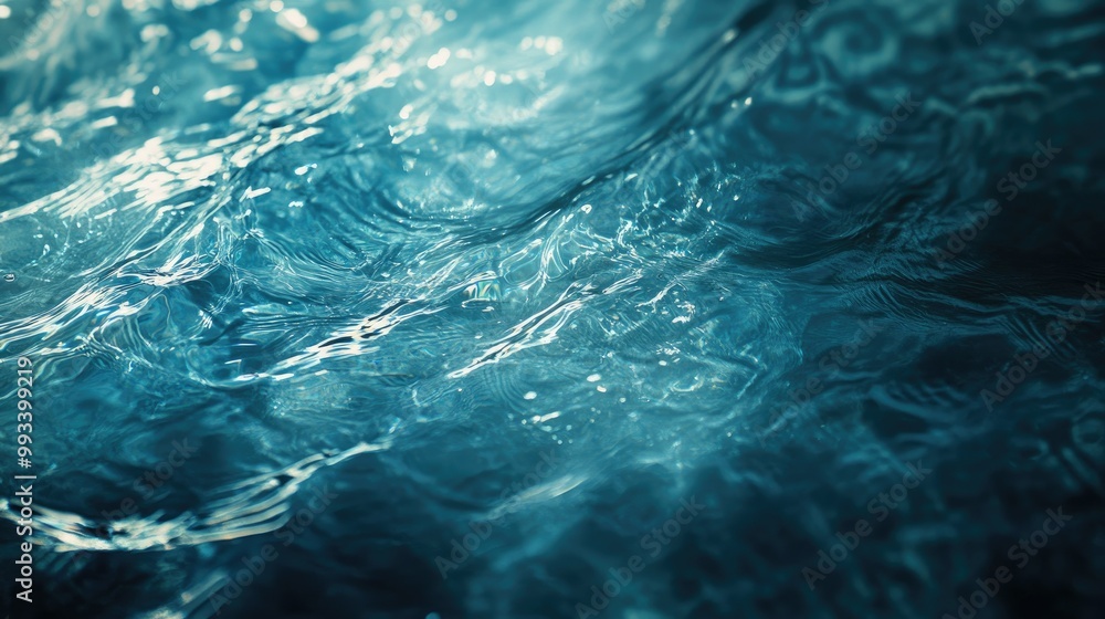 Poster close-up of transparent blue water with soft ripples and shining patterns, creating a peaceful and s