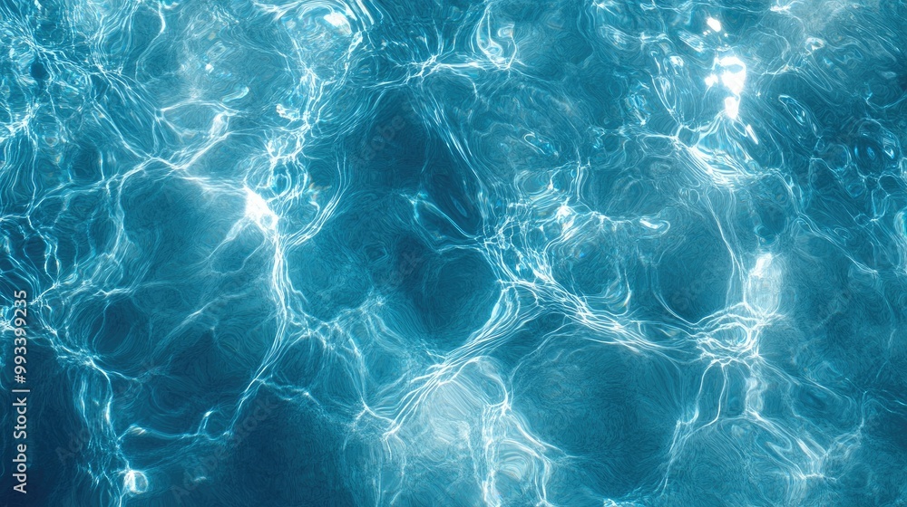 Poster close-up of transparent blue water with soft ripples and shining patterns, creating a peaceful and s