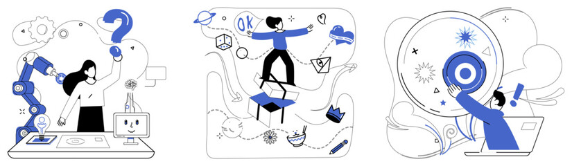 Change management vector illustration. Strategic innovation is microscope through which businesses examine intricate details improvement Progress in business strategy is golden path leading