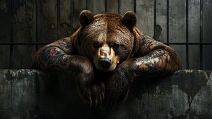 Naklejka premium A brown bear with tattoos on its arms resting its head on a concrete ledge, looking out through a barred window.