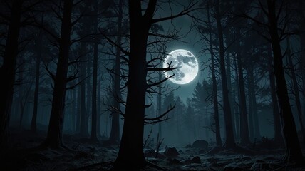 Fototapeta premium landscape illustration of a middle of the forest amosphere in the night view full moon with mist and trees