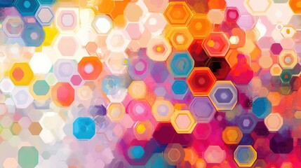 Geometric abstract art of interconnected hexagons and circles, forming a dynamic, web-like pattern with bright colors