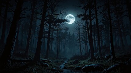 landscape illustration of a middle of the forest amosphere in the night view full moon with mist and trees