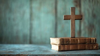 Wooden cross on two old books wooden surface
