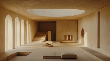 Modern interior design featuring arched windows and soft lighting.