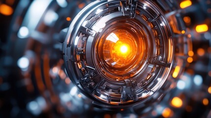 Glowing mechanical sphere with a bright orange core, encased in a series of interlocking metallic and glowing rings