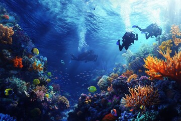 Fototapeta premium Breathtaking underwater exploration shows vibrant coral reefs and divers. A colorful marine paradise awaits discovery. Dive into the beauty of the ocean. Generative AI