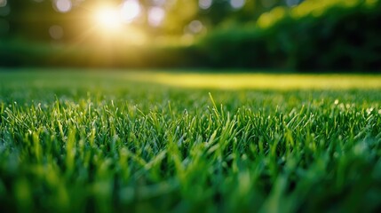 Naklejka premium Close-up view of lush green grass texture, showcasing a vibrant lawn in spring. The freshly mowed surface creates a perfect nature backdrop or sports turf setting.