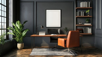 Fototapeta premium Modern minimalist home office with a black desk, a brown leather chair, and a bookshelf with books.