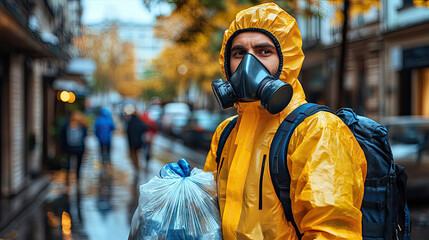 Obraz premium A person dressed in bright yellow rain attire carries a garbage bag along a wet street lined with colorful autumn trees