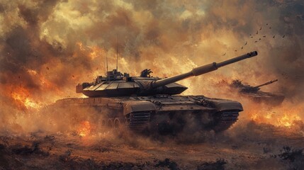 A tank drives through a fiery landscape, smoke and debris billowing around it.