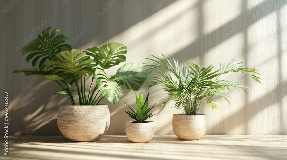 Poster elegant 3d mockup of potted plants in a studio setting. wooden surfaces and light textures for produ