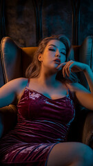 Woman in velvet dress reclining in armchair, dramatic lighting, dark background. Concept of relaxation and elegance.