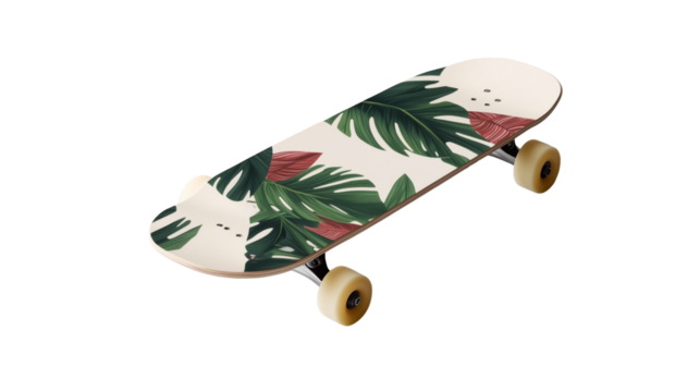 skateboard with tropical leaf pattern on deck isolated on transparent background - Powered by Adobe