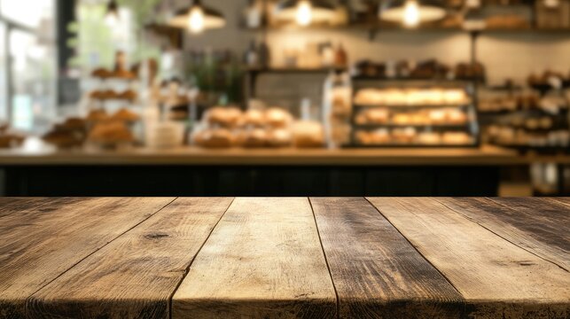 Empty rustic wooden table in focus, with a bakery shop blurred in the background, suggesting a warm, inviting environment full of fresh baked delights.