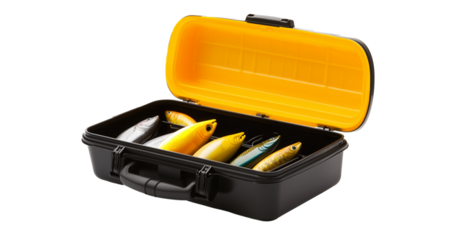 yellow black fishing tackle box open with lures isolated on transparent background