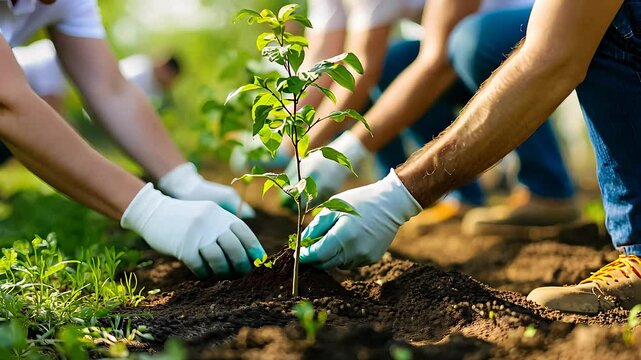 Group of volunteers planting a tree in soil, symbolizing environmental conservation, sustainability, and community-driven reforestation efforts.

