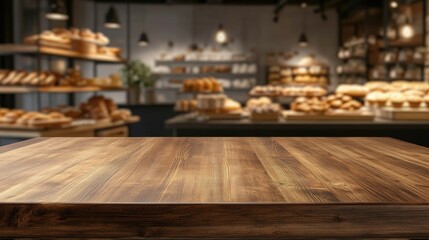Empty wooden board table in the foreground with a blurred bakery shop in the background. Perfect for showcasing delicious baked goods or bakery-related visuals.