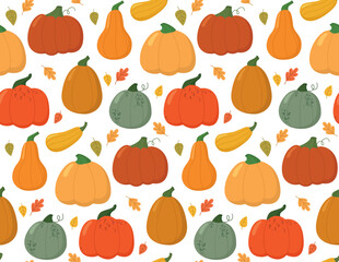 Seamless pattern with cute autumn pumpkins and leaves. Colorful fall background 