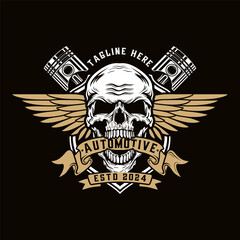 workshop logo, wrench piston gear engine skull ribbon decoration vintage style for car or motorcycle workshop.