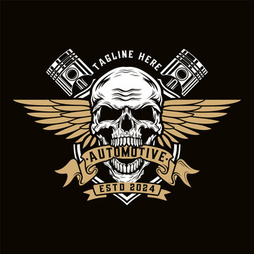 workshop logo, wrench piston gear engine skull ribbon decoration vintage style for car or motorcycle workshop.