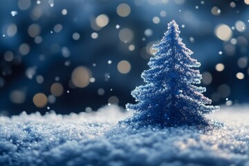 Obraz premium A serene winter scene features a sparkling snow-covered tree. Soft snowflakes fall gently around it. This digital artwork captures the magic of the holiday season. Generative AI