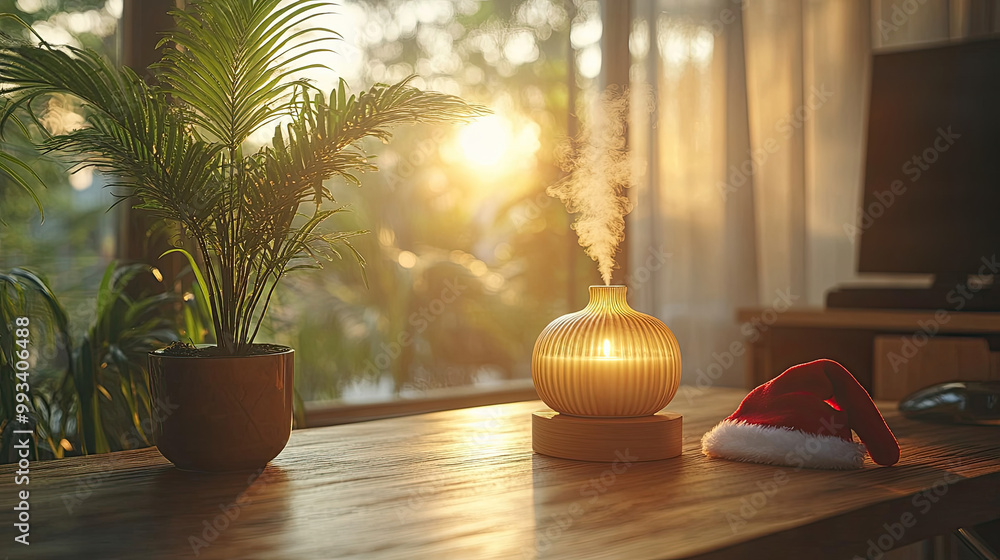 Poster soft sunlight streams through windows, illuminating a diffuser and a holiday hat on a wooden table n