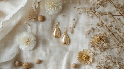 Flatlay of golden teardrop earrings on a linen surface, with natural accents like dried flowers and wooden beads complementing the look.