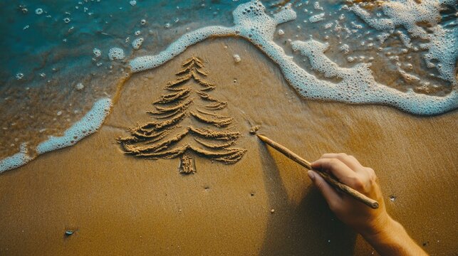 Coastal christmas theme: sand-drawn christmas tree art for festive holiday design