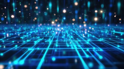 Futuristic data connection grid with glowing blue and green lines. 3D vector of a cyber reactor power system driving AI and big data innovation