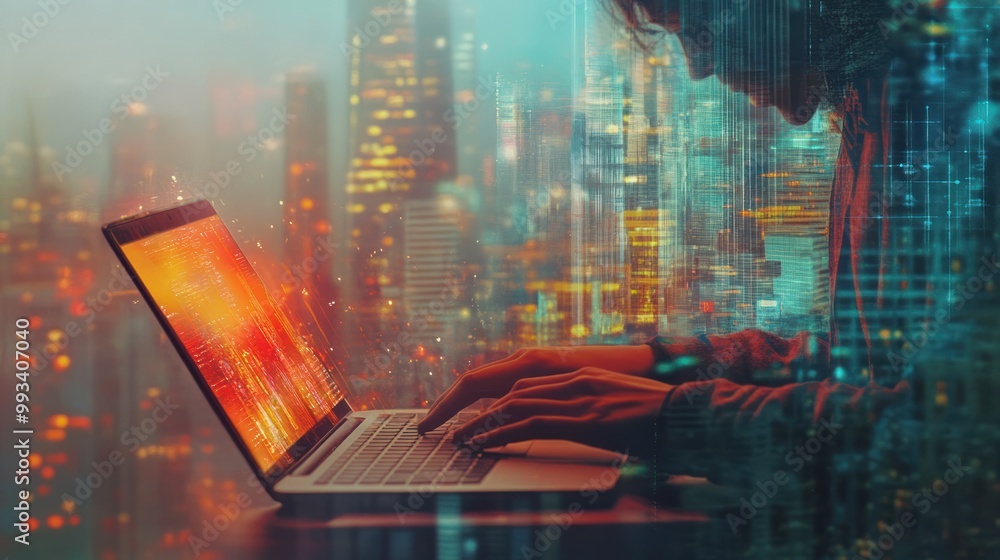 Sticker a person's hand typing on a laptop with a blurred cityscape in the background and overlayed on the i