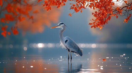 Naklejka premium a majestic grey heron stands poised on a tranquil lake its elegant reflection captured amidst autumn foliage showcasing the serene beauty of nature and the delicate balance of the season