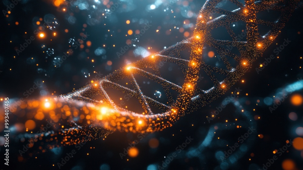 Sticker abstract glowing dna helix with bokeh lights on a dark background.