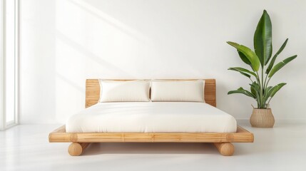Minimalist Bedroom with Bamboo Bed and Green Plant