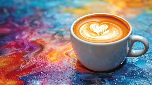 a mesmerizing rainbow swirls within a steaming cup of coffee creating a vibrant explosion of color that invites the viewer to experience joy and creativity in a playful manner