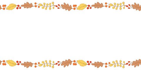 Vector background, frame made of colorful autumn leaves, berries on edges. Horizontal top and bottom edging, border, decoration for seasonal design, thanksgiving theme and happy fall © Iuliia