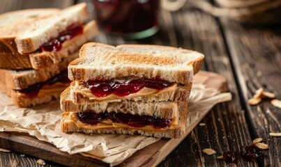 Peanut butter and jelly sandwiches on rustic background