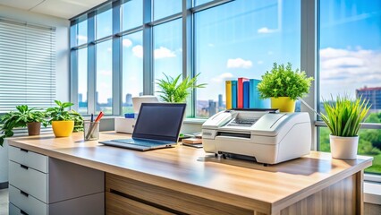 Fototapeta premium Modern office workspace with fax machine, computer, and stationery on a clean desk in bright light