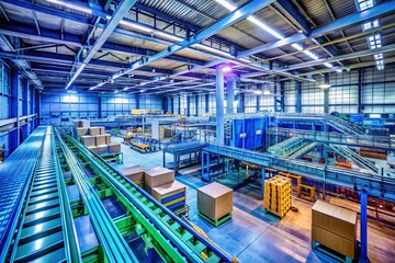 Fototapeta premium Modern package manufacturing facility with advanced machinery, conveyor belts, and product assembly lines