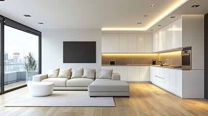 Modern living room with white furniture and minimalistic design, bright atmosphere.