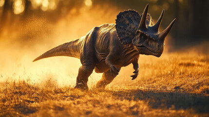 Obraz premium A dynamic shot of a triceratops-style dinosaur charging through a grassy plain, dust flying behind its feet, muscles visibly tensed