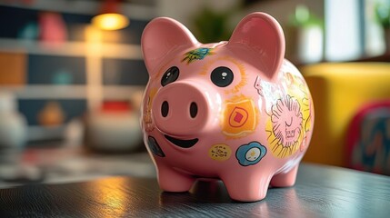a playful pink piggy bank adorned with whimsical designs symbolizing savings for education and investments inviting a sense of fun and financial responsibility