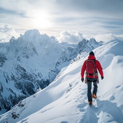 Climber in red jacket trekking through the snowy Alps under bright sunlight