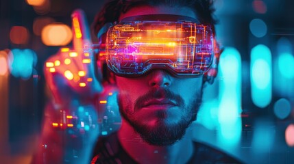 Man interacting with digital interface through virtual reality headset in futuristic environment
