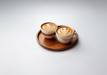 Two cups of latte art on a wooden tray.