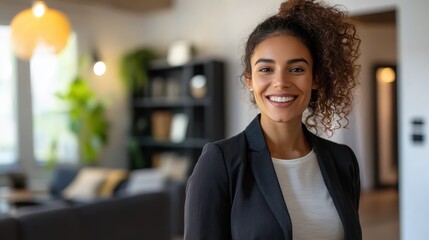 Welcoming woman real estate agent inviting a prospective buyer to tour a beautifully staged modern home, showcasing her friendly and approachable persona